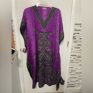 Shore Drive Boho purple black oversized breezy v neck boxy lounge house dress OS
